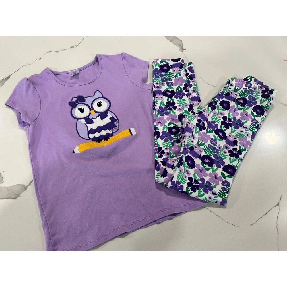 Gymboree Girls Purple Owl Pencil Pajama Set Size 10 Floral Leggings 2 Piece